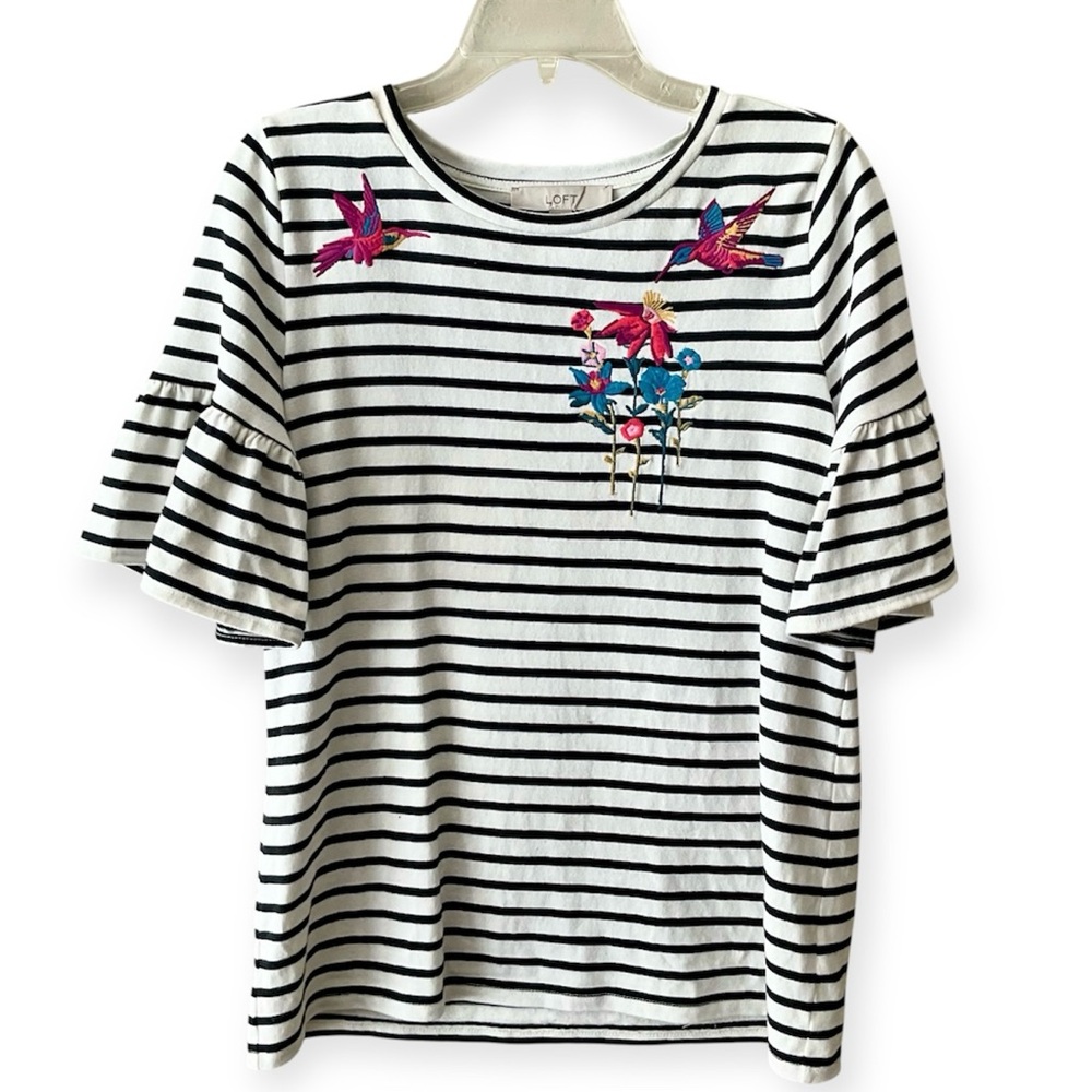 LOFT Black and White Striped Top with Colorful Embroidery
